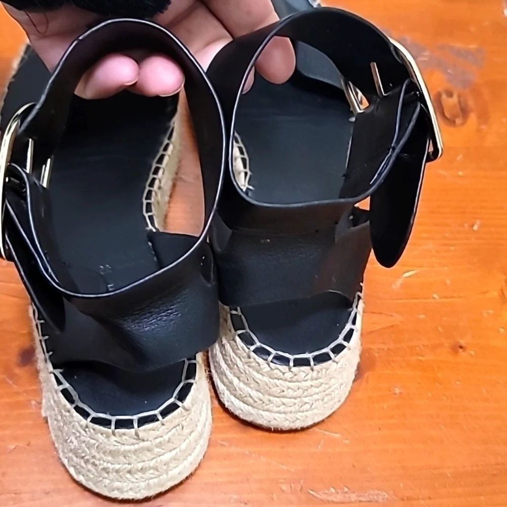 Zara Woman Black Leather Ankle Strap Espadrille‎ Sandals Size 38 Platform Jute